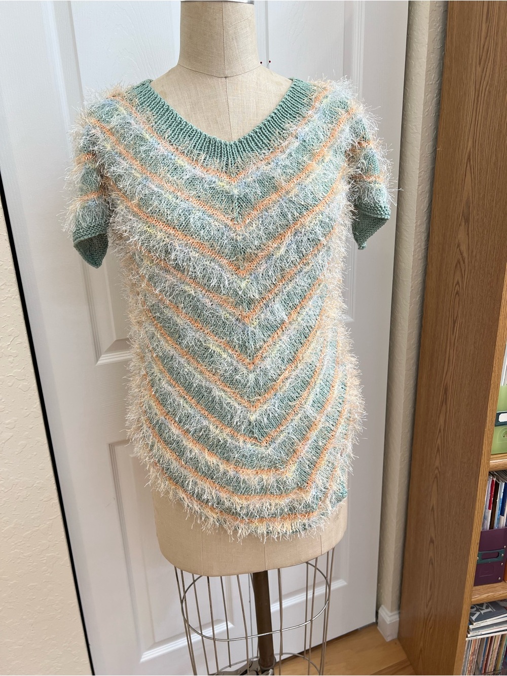 Had made one of it cine Fuzzy V-Neck Short Sleeve Sweater in Mint and Peach